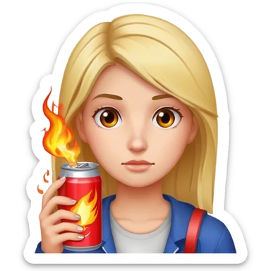 female student holding Burn energy drink can, tired face sticker