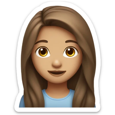 a girl with blue eyes, brown long hair, mole under the lips, light skin, cute smiling face sticker