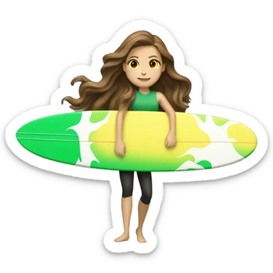 brown hair white girl surfing wave green yellow surf board sticker