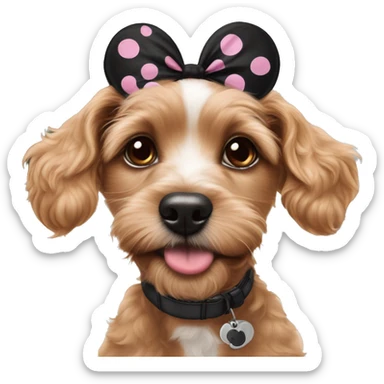 Ruby, cava poo puppy wearing Minnie mouse ears sticker
