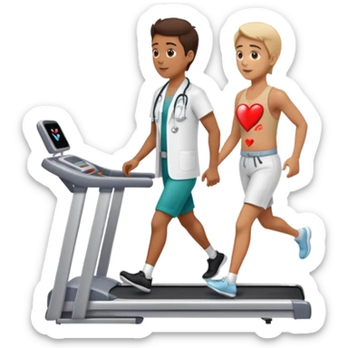 patient walking on a treadmill, doctor observing from the side, heart monitor visible sticker