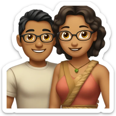 Polynesian boy with black hair and no glasses and woman with brown ponytail hair and glasses hug each other sticker