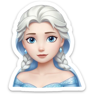 Cinematic Serene Snow Queen Portrait Emoji, rendered in a simplified vector style. Depict a gentle Elsa (chest and above) with delicate icy skin, softly cascading platinum hair, and calm, reflective blue eyes, dressed in her classic ice-blue gown. The image exudes a soft, luminous frosty radiance with high shine and a subtle glowing outline. sticker