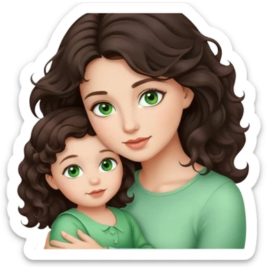 Beautiful girl with dark brown wavy hair and green eyes, holding toddler girl sticker