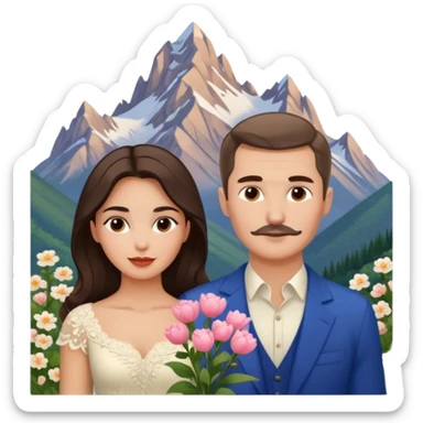 Couple traveling in Montenegro russian man and elegant  Latina girl delicate flowers and mountains in the background no mustache  sticker