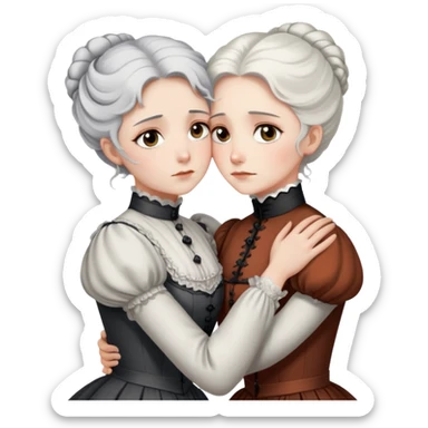 Two Victorian women with grey eyes in a sad, intimate hug. One has bright white coiffed hair, the other has dark copper coiffed hair. Both wearing Victorian high-neck dresses and embracing tightly. sticker