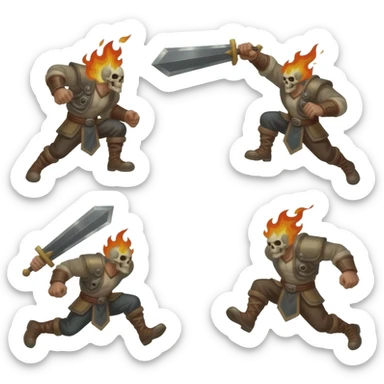 A sprite sheet of a man with a burning skull head and a large sword running, show all 4 stages of him running with no back ground, show the 4 stages of him running in a row, with changing arm and leg positions for each stage of running sticker
