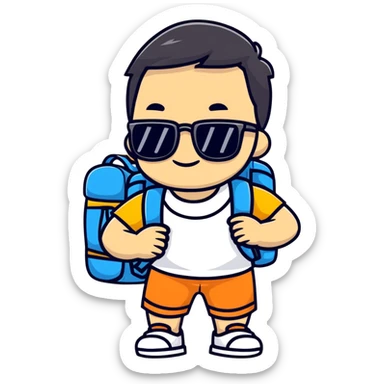 Asian tourist with backpack taking photos, sunglasses sticker