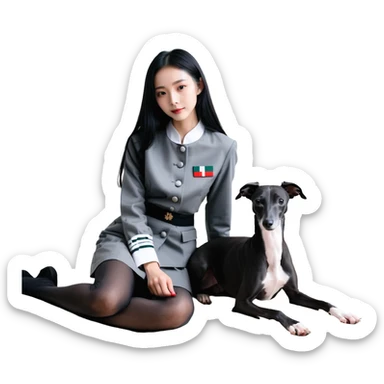 Slim Chinese girl with long black hair and her completely solid dark grey Italian greyhound in a cozy home setting, the dog has absolutely no white markings on face or nose, completely uniform grey color throughout sticker
