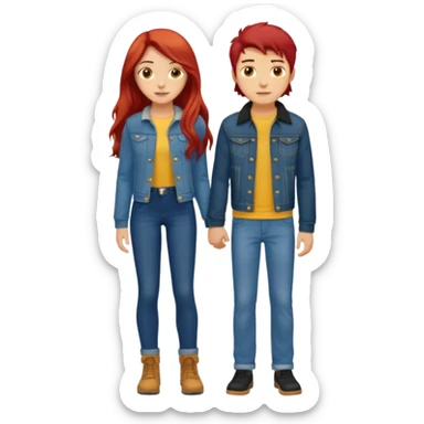 full-length couple, girl with long red hair and brown eyes in blue jeans and yellow top, boy with black hair in denim jacket sticker