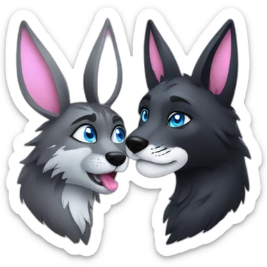 Black wolf with blue eyes kissing gray tiger with pink eyes and big rabbit ears sticker