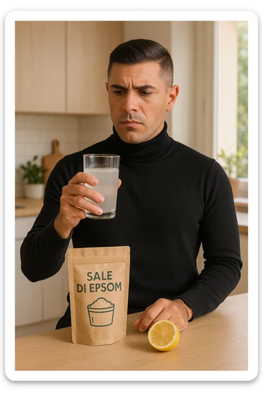 A realistic, bright photo-style image of a young man in his 30s standing in his kitchen, holding a clear glass filled with water in which Epsom salt (magnesium sulfate) has been dissolved. He looks focused but slightly uncertain as he prepares to drink it for a liver flush or digestive cleanse. The glass shows slight cloudiness from the dissolved salt. On the counter are a packet labeled 'Sale di Epsom' and a sliced lemon, suggesting he might use it to mask the taste. The setting is clean, natural, and bright with neutral tones. The background shows sunlight streaming through a window, emphasizing a clean, minimalist health-focused environment. The mood conveys a realistic, calm moment of self-care with a hint of discomfort, illustrating a natural detox practice in italiano sticker