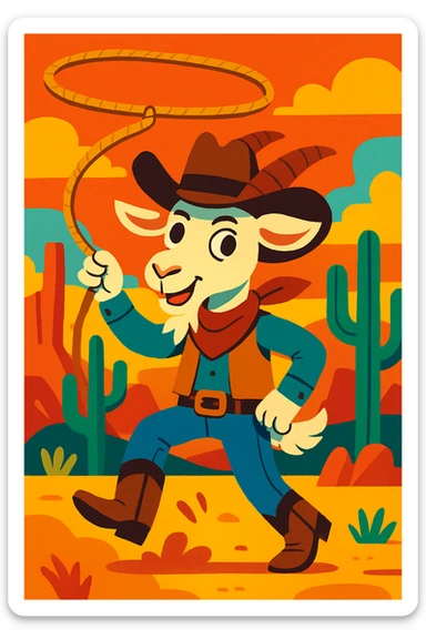 a goat cowboy with a lasso, western outfit, playful and fun, vibrant colors sticker