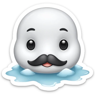 Esta es una imagen de una cría de foca arpa (conocida como whitecoat) descansando sobre el hielo.Es prácticamente una esfera perfecta de pelaje blanco y esponjoso.Tiene ojos oscuros, una nariz negra pequeña y bigotes largos que resaltan sobre su cara clara sticker