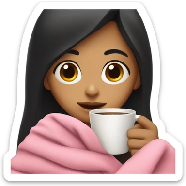 Black hair girl Drinking coffee wrapped in pink blanket sticker
