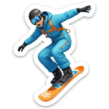 An icon featuring a snowboarder mid-jump, performing a stylish trick above a snowy mountain slope. The background showcases powdery snow, evergreen trees, and a bright blue sky. Transparent background captures the energy, skill, and thrill of snowboarding. sticker