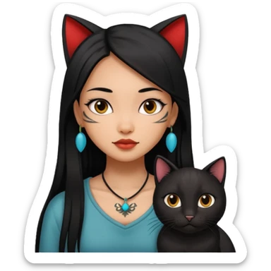 beautiful brown girl, with tattoo, with the long black hair, straight hair, chinese, with black cat sticker