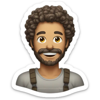 A man with a chin beard' face and curly hair with a piece of asado out of his mouth sticker