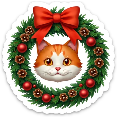 A Christmas wreath made entirely of fir trees, decorated with a red bow at the bottom, pine cones and Christmas tree balls, and a cat poking its face through the hole in the center. sticker