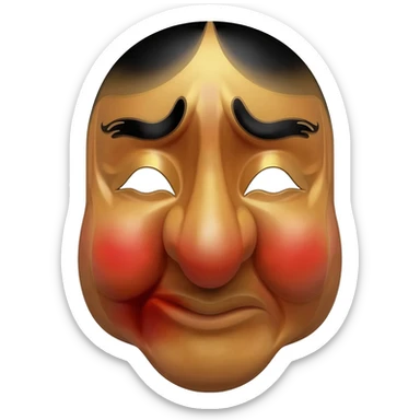 Hyottoko festival mask, a comical, puckered mouth to one side, round eyes, and a skin, rounded face, long nose sticker