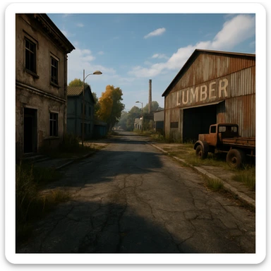 a view of the city street in a videogame: DayZ - in the town of berezio "lumber" [no text contained in the image] sticker