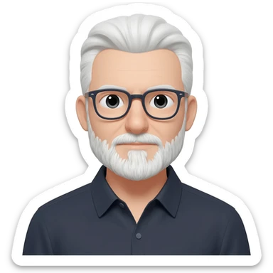 white guy with white hair and beard dark rimmed glasses dark shirt sticker
