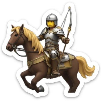 a hero in a helmet on a horse with a mace, a bow and arrows sticker