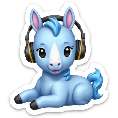 Unicornio bebé azul sentado escuchando música con auriculares negros sticker