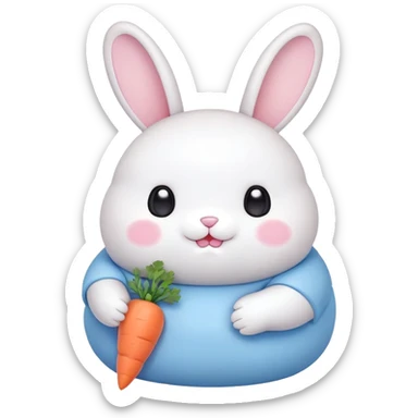 A fat bunny character in Sanrio style, large head with big round eyes, blushing cheeks, small mouth, minimal facial features, tiny spikes, pastel pink and blue colors, clean bold outlines, rounded shapes sticker