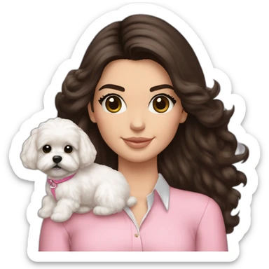 brunette Kendall Jenner with long hair holding on the hands white maltipoo wear in pink collar sticker