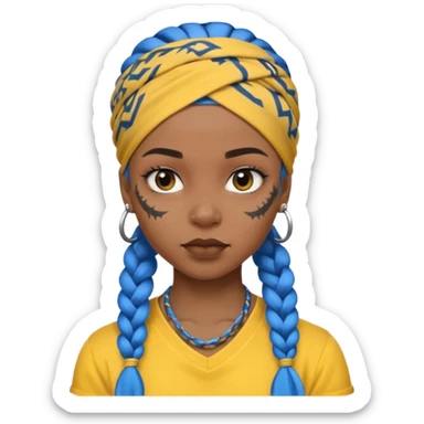blue braided hair with yellow head bandana and lots of face tattoo black skin girl sticker