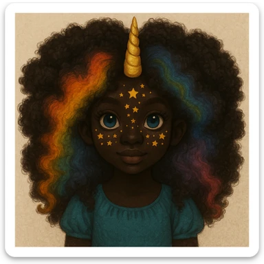 Change the character's skin to a deep black tone and give her fluffy, voluminous hair while keeping the rainbow hair, gold unicorn horn, blue eyes, and star freckles. Maintain the original style and details. sticker