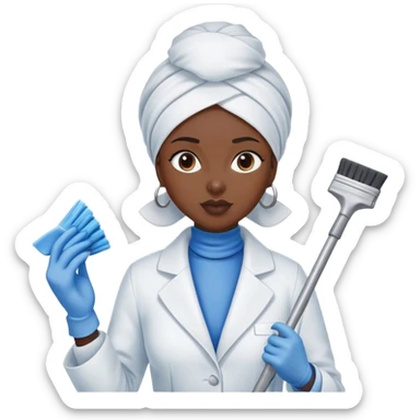 dark-skinned woman with white headscarf, white coat with blue collar, cleaning lady sticker
