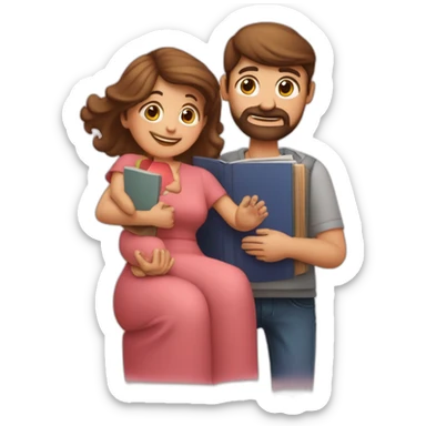 Padre y madre con melena por los hombros con un hijo de 6 años y un libro en la mano sticker