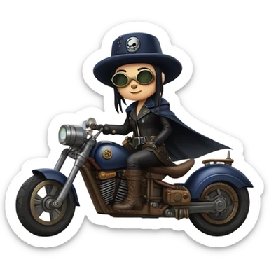 Bounty hunter Wednesday Addams Jedi wearing a pair of navy-blue rimmed steampunk goggles, hat, leather chaps, fringe jacket riding a relaxed distressed sci-fi 3 wheeled steampunk electric motorcycle with large fenders and saddlebags in desert town  sticker