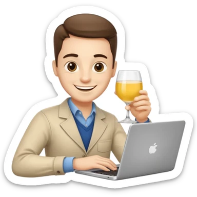 A friendly freelance character (male or neutral) working on a laptop while holding a glass of pastis/ricard (yellow drink with ice and lemon). The character should have a simple smiling face (no glasses), and should look energetic and creative. sticker