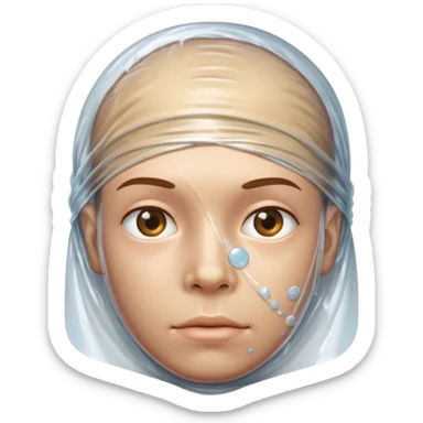 Human head completely wrapped in plastic wrap, air bubbles under surface. sticker