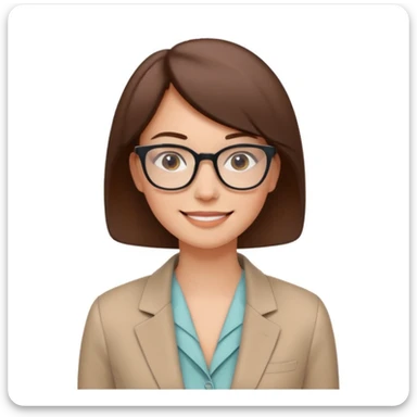 clean emoji-style avatar of a smiling woman with glasses, short brown hair, and a blazer, friendly minimal look, soft colors, plain or lightly colored background, modern vector illustration style for startup websites sticker