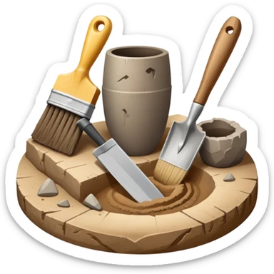 An icon showing an archaeologist’s tools: a trowel, brush, and a partially uncovered ancient artifact like a vase or tablet. The design includes a sandy excavation site with ruins in the background, symbolizing the discovery of past civilizations. Transparent background  sticker