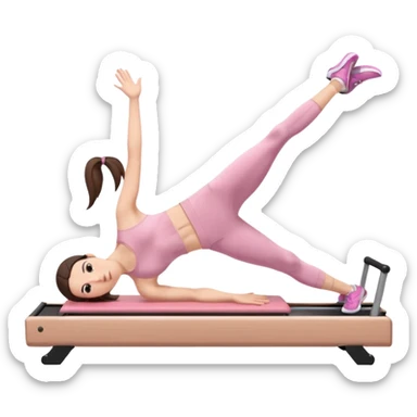 white brunette girl in light pink workout clothes doing a plank on a reformer sticker