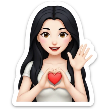 Woman with white skin and long black hair winking. Small heart mark with her hands. sticker