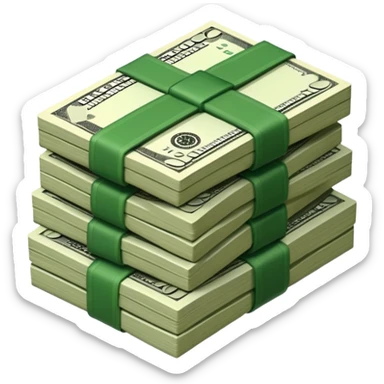 3D icon of stacked US dollar bundles with green straps, isometric view, game style sticker