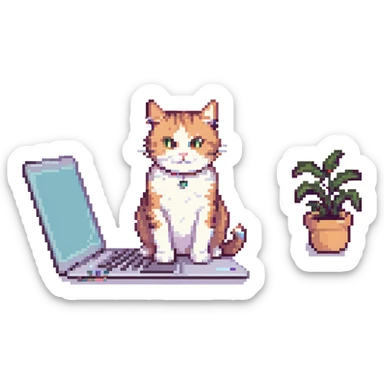 A cute cat sitting on a laptop, vibrant colors, playful and friendly. sticker