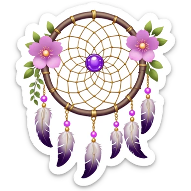 A white Dreamcatcher. with purple-round-orbs, gold-rings hanging down. purple flowers, pink sakura flowers, sticker