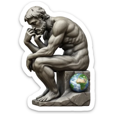 rodins sculpture the thinker but with a planet earth in its hand sticker