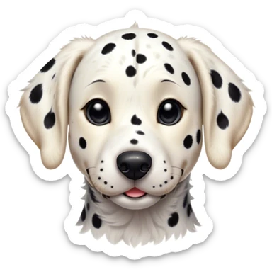 Cinematic Cute Spotted Dalmatian Portrait Emoji, Head tilted playfully and inquisitively, featuring a glossy Fur of predominantly white with dynamic black patches, round, sparkling eyes filled with gentle curiosity, Simplified yet irresistibly adorable features, highly detailed, glowing with a warm, friendly glow, high shine, affectionate and gentle, stylized with a touch of whimsy, bright and endearing, soft glowing outline, capturing the essence of a mischievous yet loving pup, so playful it feels like it could lumber out of the screen and into your arms! sticker