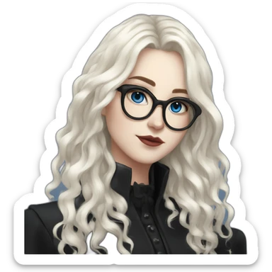 full length girl in a black coat and goth black boots, glasses, blue eyes, white skin, curly black long hair and aristocratic high cheekbones sticker