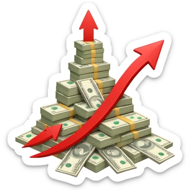 a pile of money with red arrow up with a strategy paper background sticker