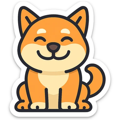modern vector style logo of a relaxed Shiba Inu dog with big smile warm cheerful colors minimalist design no text no background elements tech friendly vehicle UI sticker