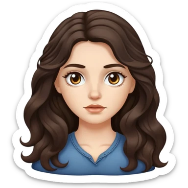 A white girl with long dark brown wave hair and patches under her eyes sticker